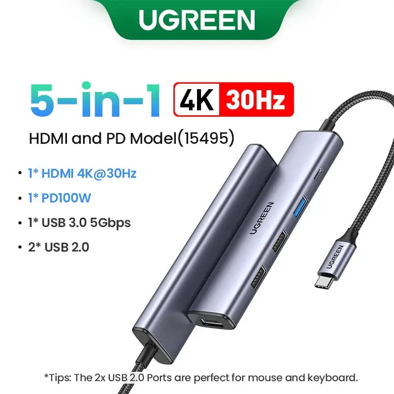 UGREEN USB-C Hub with 4K Video Ethernet and 10Gbps Data surrounded by various cables and connectors.