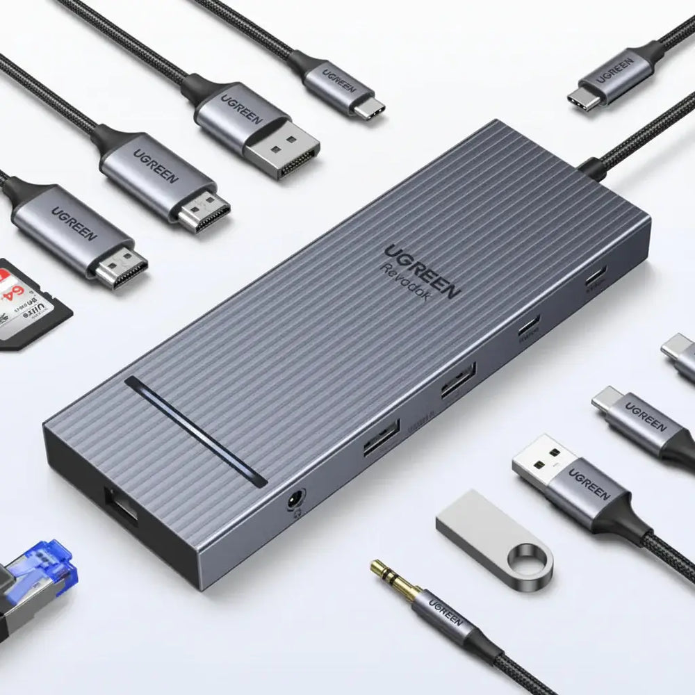UGREEN USB-C Hub with 4K Video Ethernet and 10Gbps Data surrounded by various cables and connectors.
