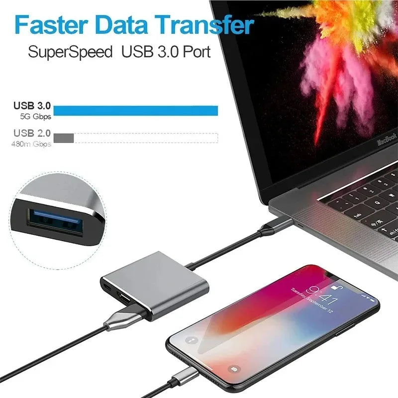  3-in-1 USB-C Hub with HDMI and USB 3.0 Ports featuring compact design and versatile connectivity options.
