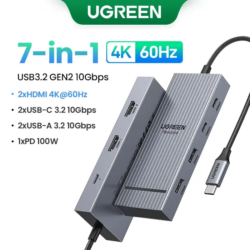 UGREEN USB-C Hub with 4K Video Ethernet and 10Gbps Data surrounded by various cables and connectors.