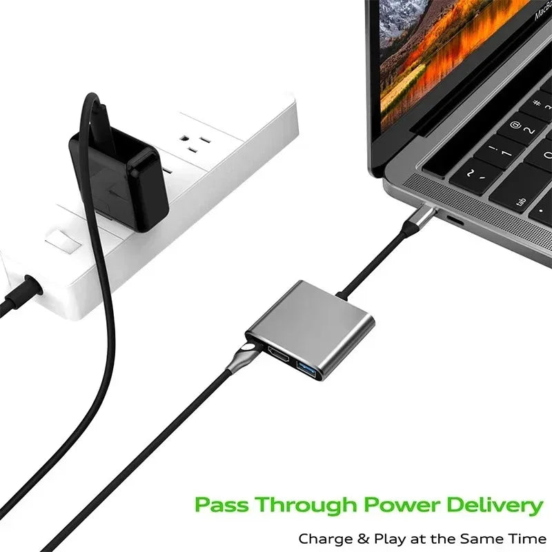  3-in-1 USB-C Hub with HDMI and USB 3.0 Ports featuring compact design and versatile connectivity options.