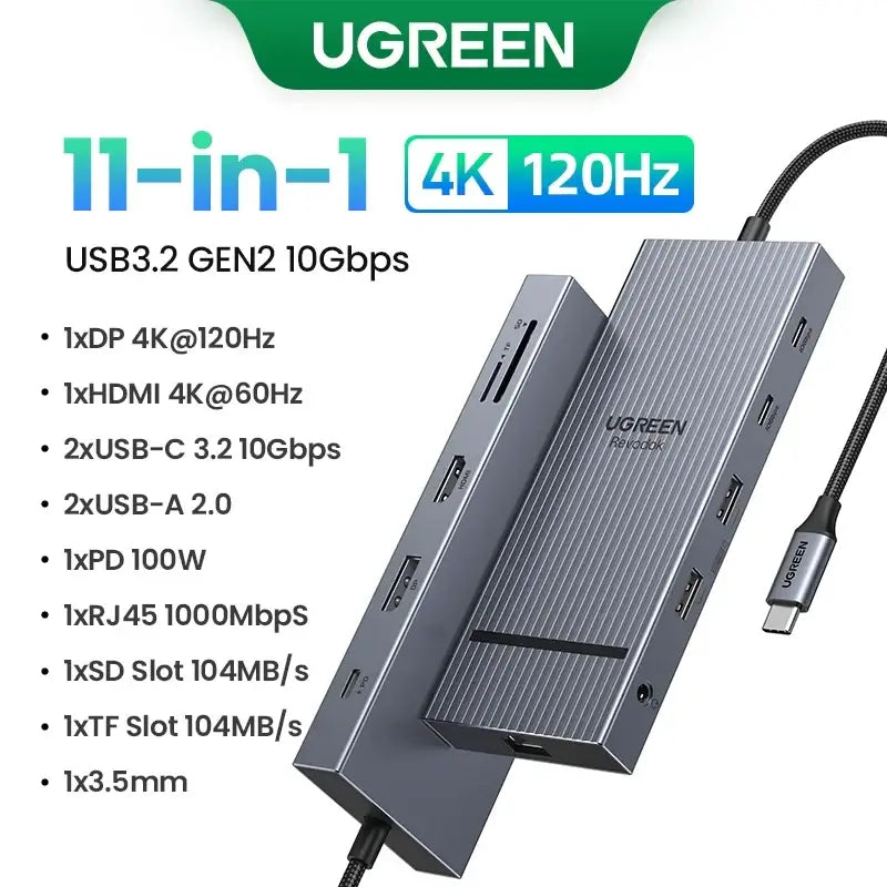UGREEN USB-C Hub with 4K Video Ethernet and 10Gbps Data surrounded by various cables and connectors.