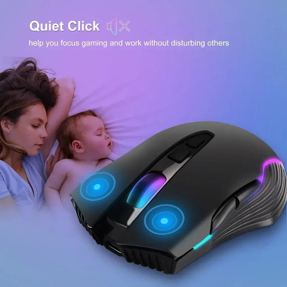 Silent Rechargeable Wireless Mouse with USB-C Support and touch screen display showing statistics.