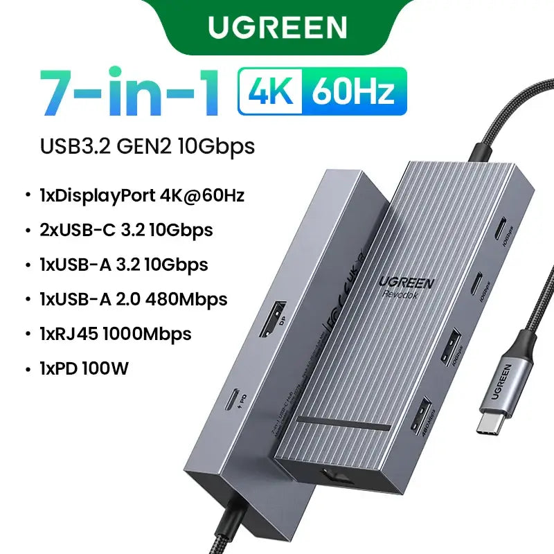 UGREEN USB-C Hub with 4K Video Ethernet and 10Gbps Data surrounded by various cables and connectors.