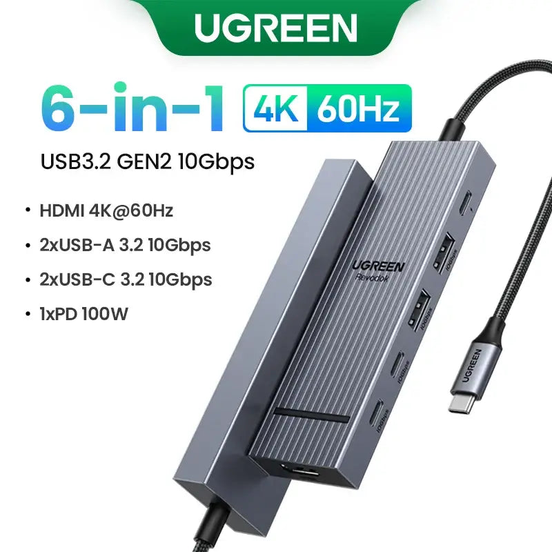 UGREEN USB-C Hub with 4K Video Ethernet and 10Gbps Data surrounded by various cables and connectors.