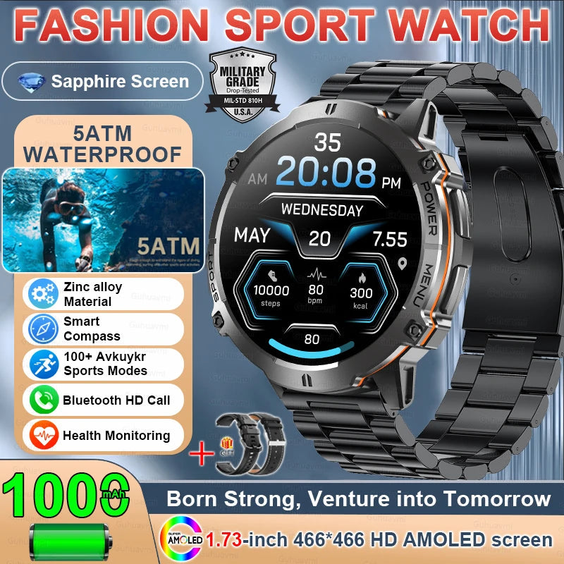 Outdoor GPS Smart Watch - 1.73 Inch AMOLED, 1000mAh, 5ATM Waterproof optoeletronics