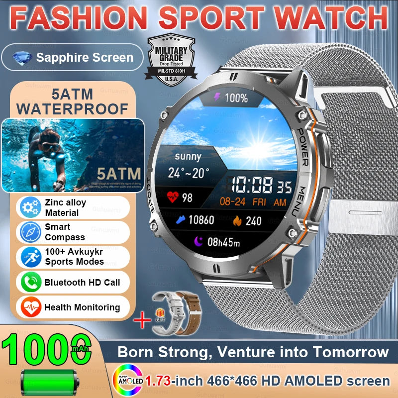 Outdoor GPS Smart Watch - 1.73 Inch AMOLED, 1000mAh, 5ATM Waterproof optoeletronics