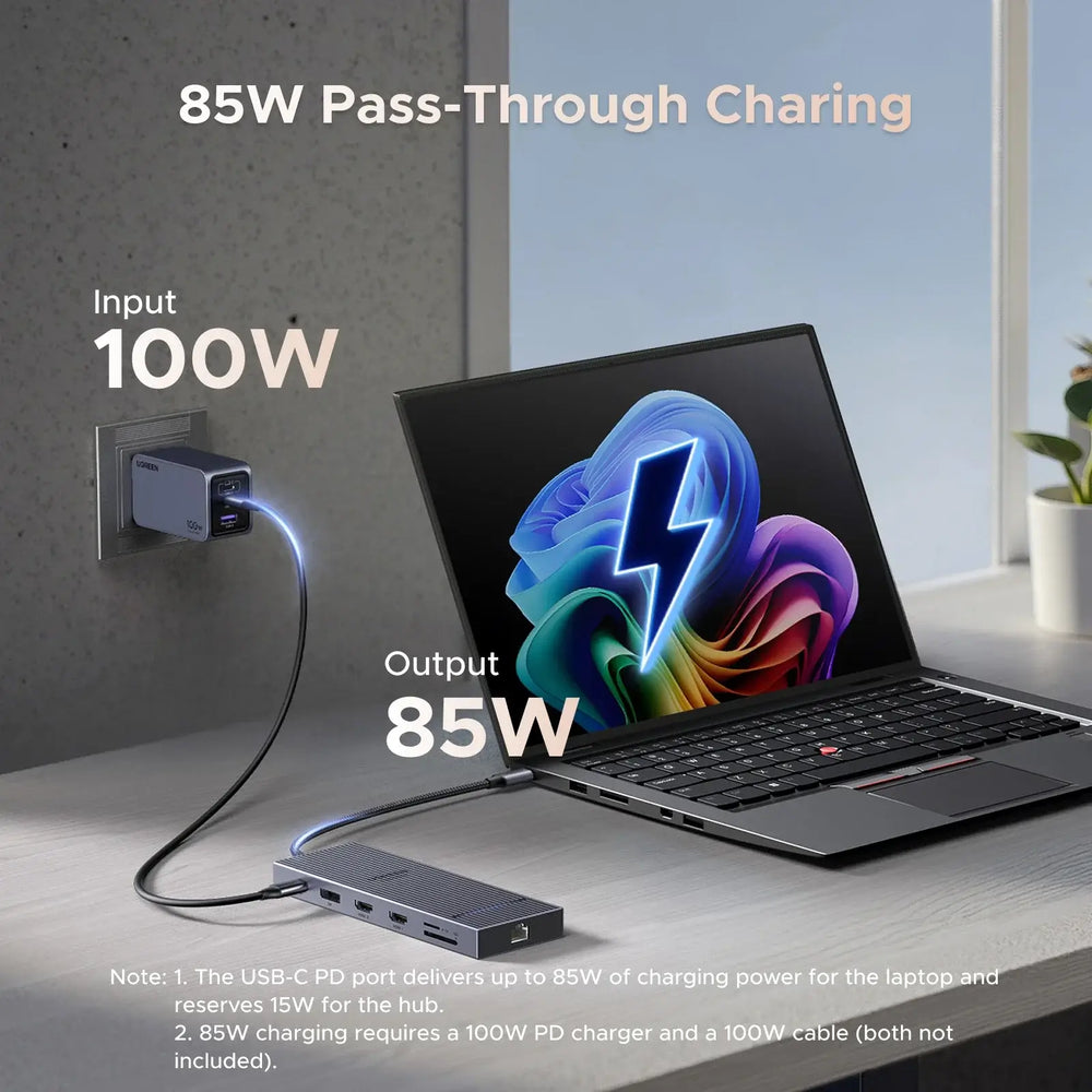 UGREEN USB-C Hub with 4K Video Ethernet and 10Gbps Data surrounded by various cables and connectors.