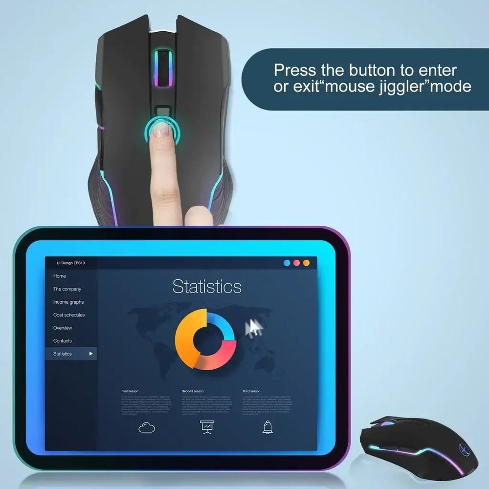 Silent Rechargeable Wireless Mouse with USB-C Support and touch screen display showing statistics.