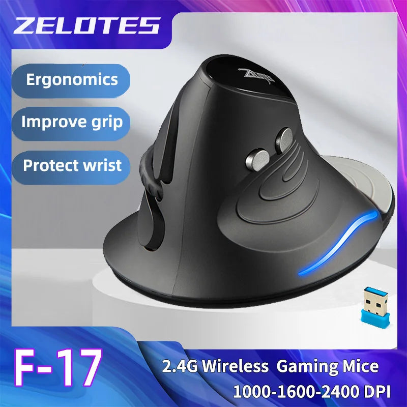 Zelotes F-17 Vertical Wireless Mouse with Adjustable DPI optoeletronics