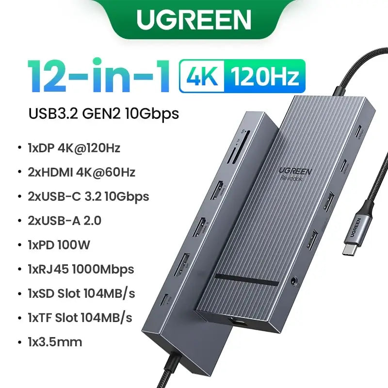 UGREEN USB-C Hub with 4K Video Ethernet and 10Gbps Data surrounded by various cables and connectors.