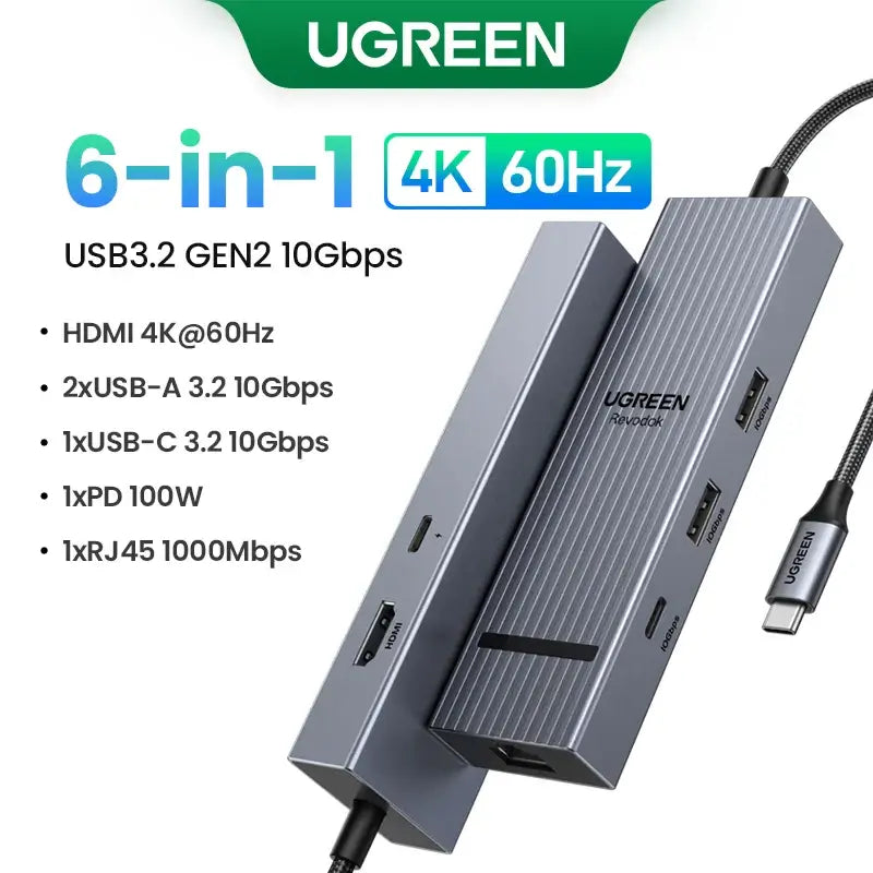 UGREEN USB-C Hub with 4K Video Ethernet and 10Gbps Data surrounded by various cables and connectors.