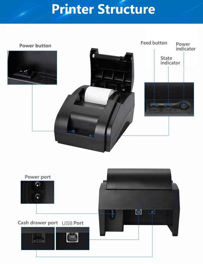 Xprinter XP-58IIH 58mm Thermal Receipt Printer - USB Bluetooth optoeletronics
