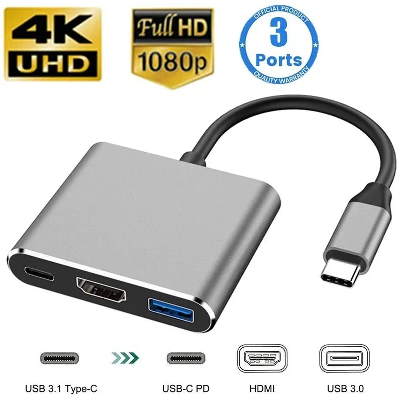  3-in-1 USB-C Hub with HDMI and USB 3.0 Ports featuring compact design and versatile connectivity options.