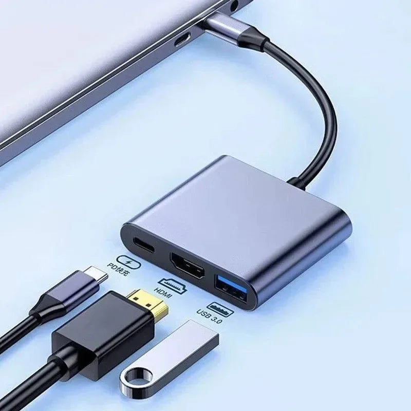  3-in-1 USB-C Hub with HDMI and USB 3.0 Ports featuring compact design and versatile connectivity options.