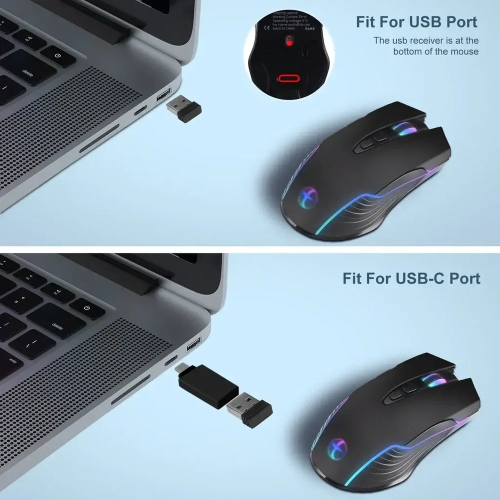 Silent Rechargeable Wireless Mouse with USB-C Support and touch screen display showing statistics.