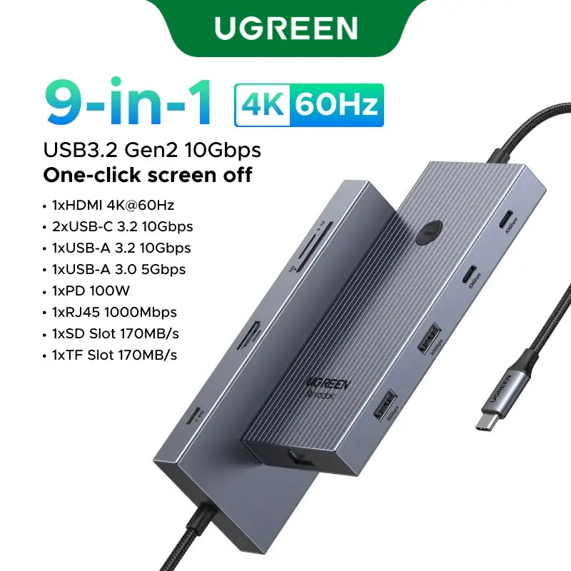 UGREEN USB-C Hub with 4K Video Ethernet and 10Gbps Data surrounded by various cables and connectors.