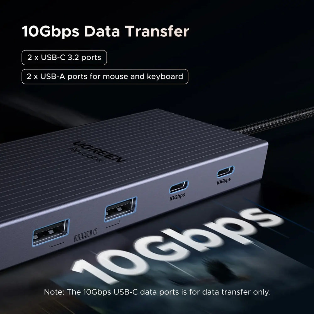 UGREEN USB-C Hub with 4K Video Ethernet and 10Gbps Data surrounded by various cables and connectors.