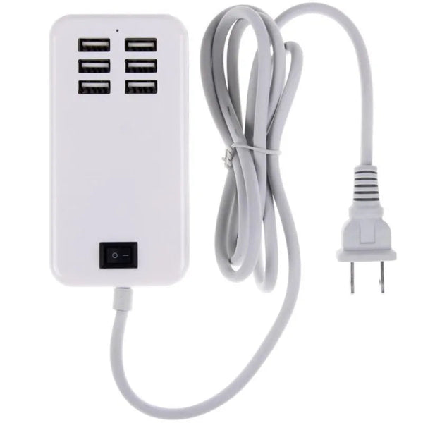 6-Port USB Charging Hub - 5V 3A Wall Adapter with Power Switch