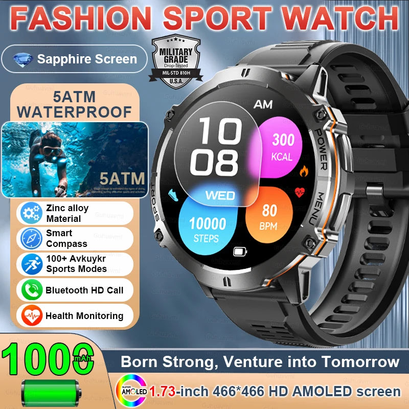 Outdoor GPS Smart Watch - 1.73 Inch AMOLED, 1000mAh, 5ATM Waterproof optoeletronics