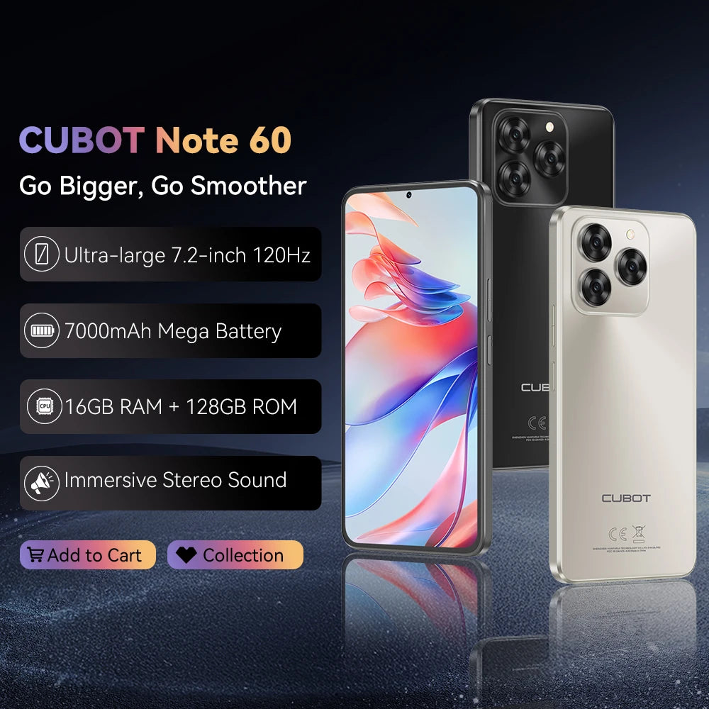 Cubot Note 60 Smartphone - 120Hz 7.2-Inch Display 7000mAh optoeletronics
