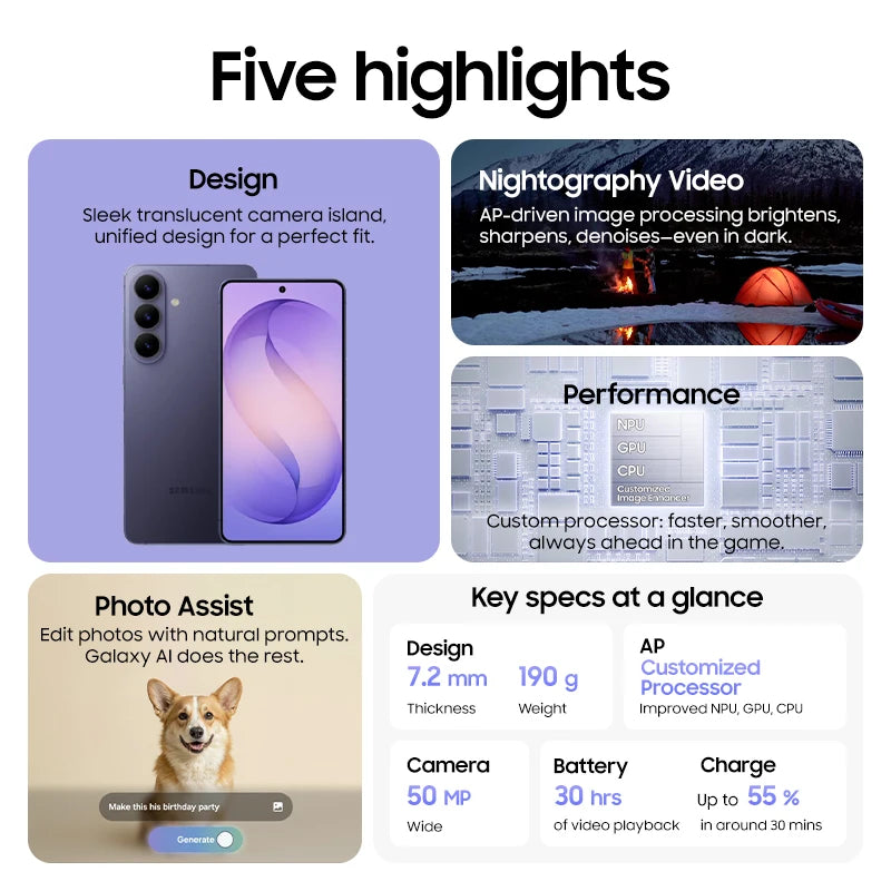 Samsung Galaxy S26 5G Smartphone - 6.3-Inch AMOLED 120Hz optoeletronics