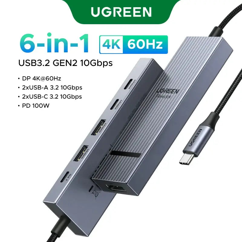 UGREEN USB-C Hub with 4K Video Ethernet and 10Gbps Data surrounded by various cables and connectors.