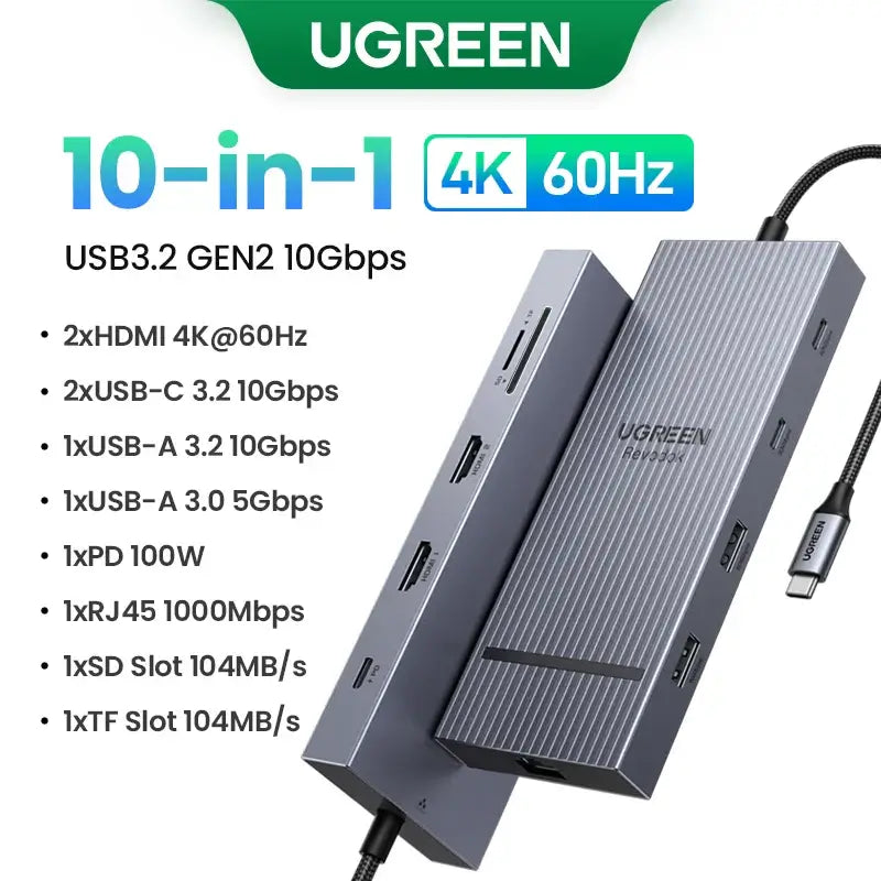 UGREEN USB-C Hub with 4K Video Ethernet and 10Gbps Data surrounded by various cables and connectors.
