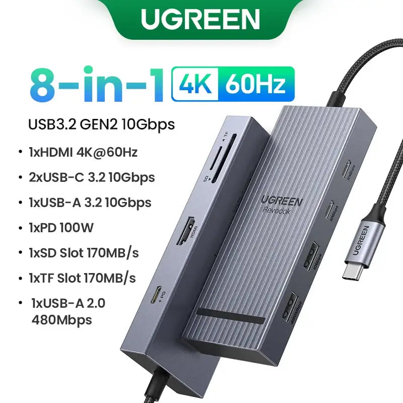 UGREEN USB-C Hub with 4K Video Ethernet and 10Gbps Data surrounded by various cables and connectors.