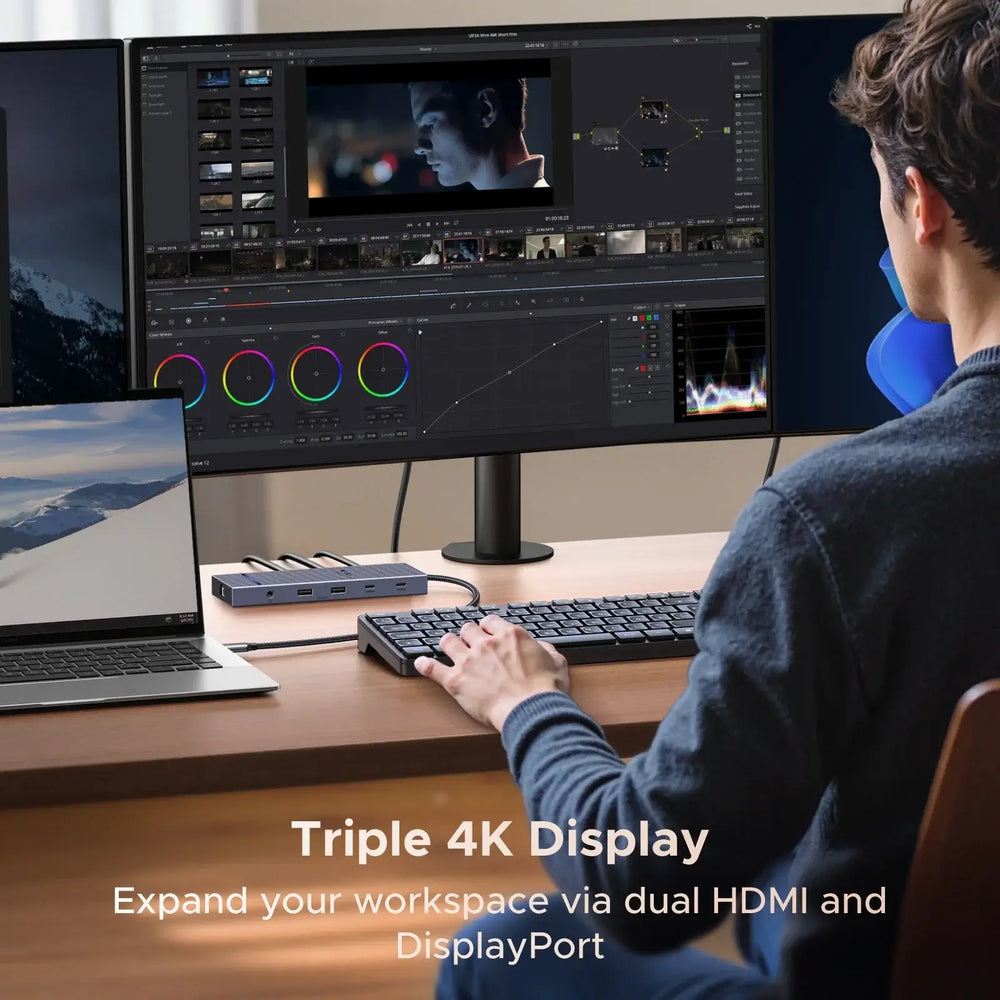 UGREEN USB-C Hub with 4K Video Ethernet and 10Gbps Data surrounded by various cables and connectors.