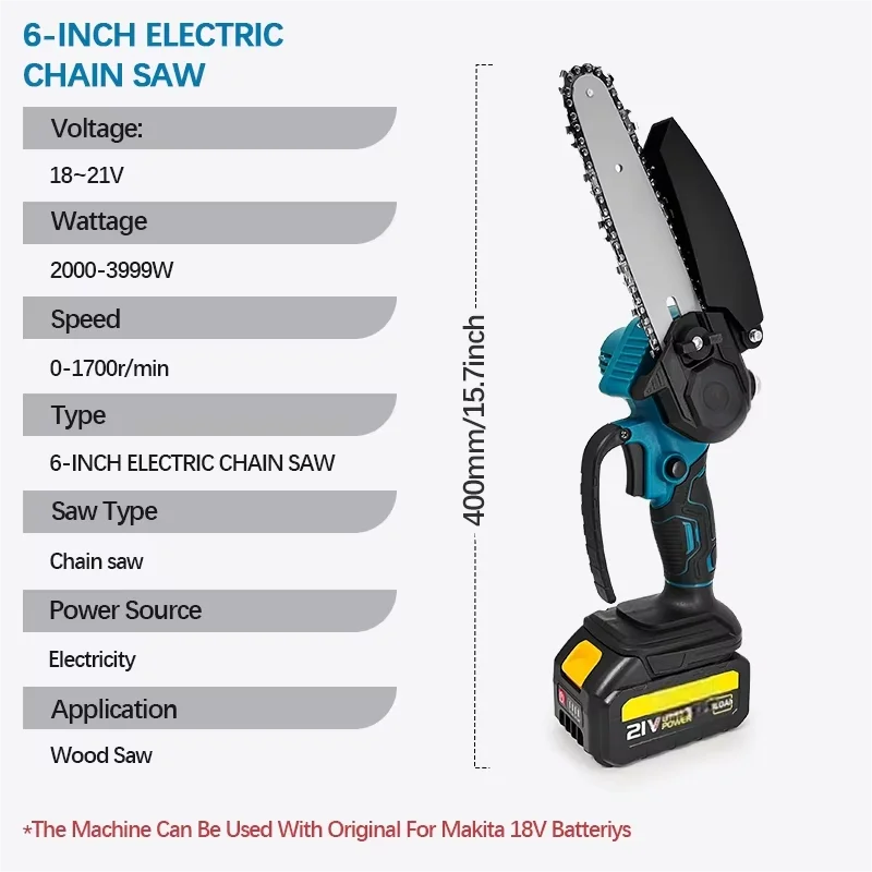 6-Inch Mini Electric Chainsaw 1700RPM for 18V Makita Battery optoeletronics